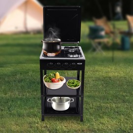 RocoReny 4-Burner BBQ Gas Grill,Steel Silver Outdoor Portable Camp Stove with 2 Tiers Stand and Legs,Wind Blocking Cover Adapter Manual Ignition Gas Stove for Backyard,Camping or Picnicking (Black)