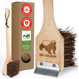 Natural Grill Brush Non Metal Bristles - Durable Non Metal Grill Brush Outdoor Grills Wooden Handle BBQ Cleaning Non-Wire High Temp Cleaner for Cast Iron Grates Safer Scrubber Tools by GRILLBADGER