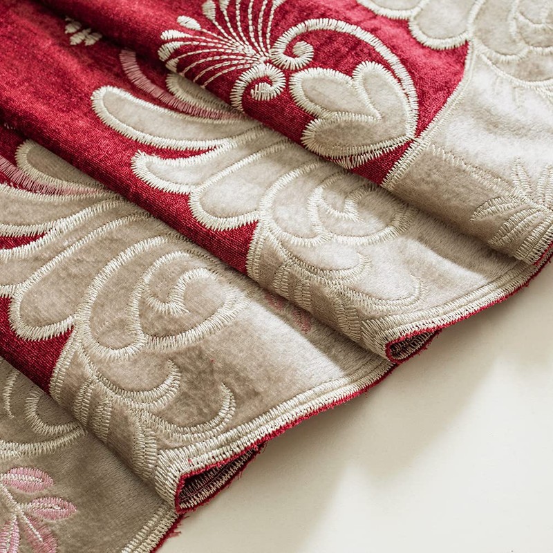 ELKCA Luxury Burgundy Red Chenille Floral Embroidered Curtains for Bedroom