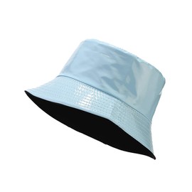 yolrdiw Unisex Fashion PU Leather Bucket Hat Glossy Reversible Rain Waterproof Fishmen Cap Light Blue