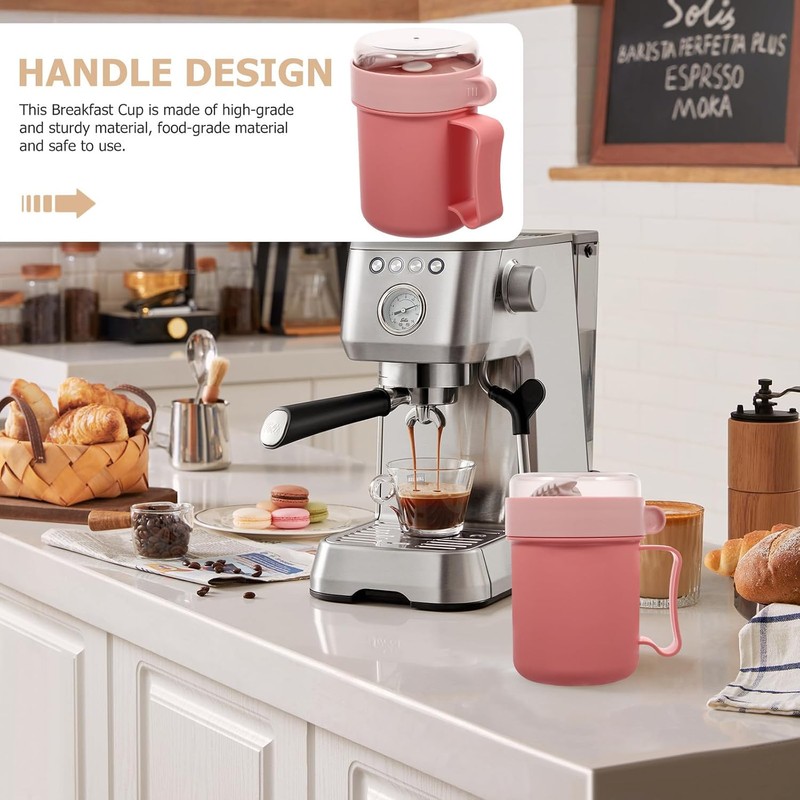 Taza de Desayuno Multiusos con Tapa y Cuchara, Rosa Plástico