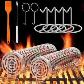 Reclite Rolling Grilling Baskets for Outdoor Grilling BBQ Grill Basket Stainless Steel, grill basket for veggies Fish, Shrimp, Meat, Fries Food Camping, Gift for Men(Small+Large)