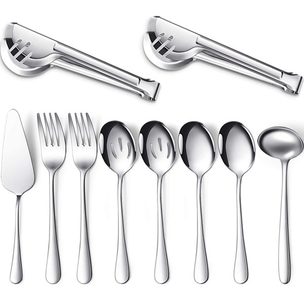 Serving Utensils Include Large Serving Spoons Slotted Serving Spoons Serving Forks Serving Tongs Soup Ladle and Pie Server Buffet Catering Serving Utensils for Dishwasher Safe (Silver,10 Pieces)