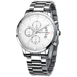 MEGALITH Mens Watches Chronograph Stainless Steel Waterproof Watches for Men Large Face Dress Mens Wrist Watches Analogue Luminous Date, Gift for Men - Silver White