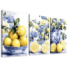 Hzddty Lemon Canvas Wall Art Set of 3, Rustic Floral and Fruit Still Life Painting Prints, Blue and Yellow Home Decor for Living Room Kitchen Bathroom and Dining Pantry, 18L x 12W x 3