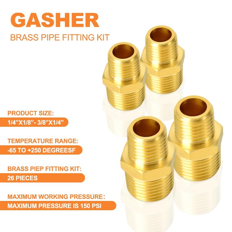 GASHER 26PCS Brass Pipe Fitting Kit, Hex Bushing, Reducer Adapter,