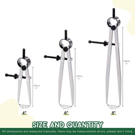 Keadic 3 Pcs 4'' 6'' 8'' Professional Metal Compass Set, Steel Adjustable Lockable Divider Wing Compass, Drafting Compass Tool for Leather Work, Woodworking, Metalworking, Geometry Drawing