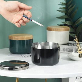 Outdoor Ashtray with Lid for Outdoors, Plastic Housing Ashtray Stainless Steel Lining, Ashtray with Lid for Patio, Garden, Table Top (Black)