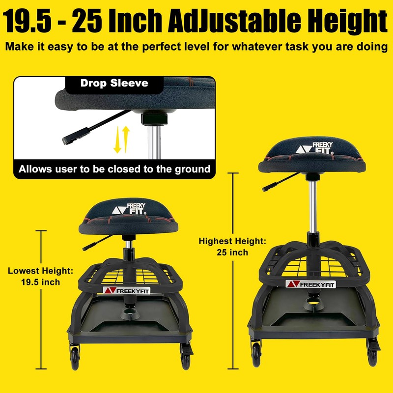 FreekyFit Rolling Shop Stool with Wheels, Garage Work Mechanic Stool