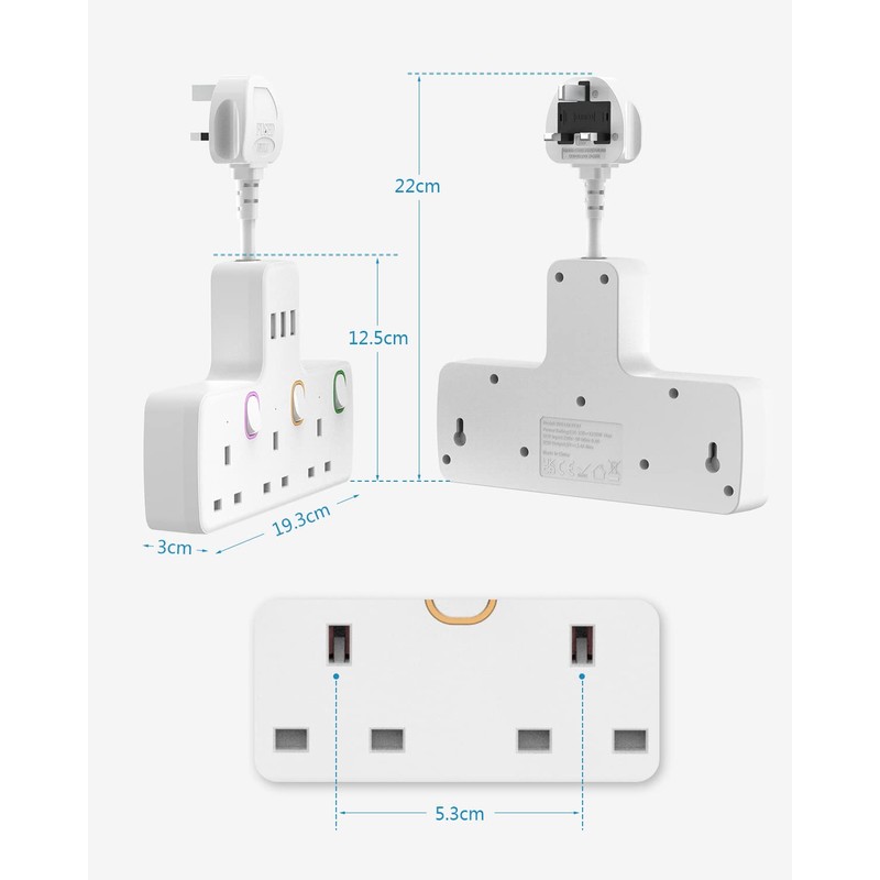 Mscien Multi Plug Extension 3 Way 3 USB with Flexible