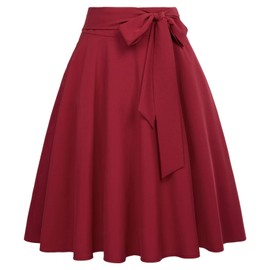 Belle Poque Women High Waisted A-Line Flared Midi Skirt with Pockets Wine Size L BP561-2