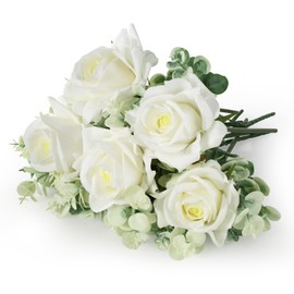 Eyamumo Fake Flowers, 5pcs Faux Silk Real Touch Artificial Rose Flowersand 3pcs Eucalyptus Bouquet for Decoration DIY, Wedding Party, Home Office Decoration and Dining Table Centerpiece, 5Pcs