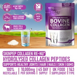 Collagen Powder 450g, Ultra Premium Hydrolysed Bovine Collagen Peptides by SkinPep - Halal & Kosher - High Levels of The 8 Essential Amino Acids, Collagen Supplements, Made in UK