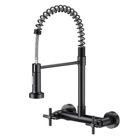 Wall Mount Kitchen Faucet, Hurran Matte Black Kitchen Sink Faucet, 8 Inch Utility Sink Faucet with Pull Down Sprayer, 2 Handle Wall Mount Commercial Sink Faucet for Kitchen Laundry Room Restaurant