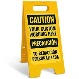 Custom Caution Folding Floor Bilingual Sign, Sandwich Board/A Frame Sign Kit with Two Panel Sign, 10x16 Inches, with A Frame Stand, Made in USA