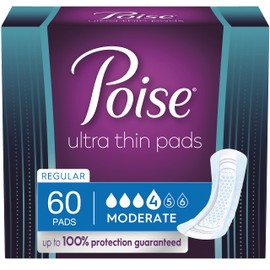 Poise Ultra Thin Incontinence Pads for Women, Bladder Leakage & Postpartum Pads, Moderate Absorbency, Regular Length, 60ct