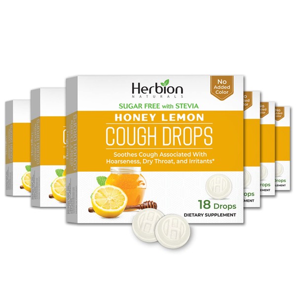 Herbion Naturals Cough Drops with Honey Lemon Flavor, Sugar-Free with Stevia, Soothes Cough, For Adults and Children 6 years+, 6 pack (108 Lozenges)