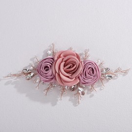 Lenjicons Wedding Satin Large Pink Rose Flower Hair Clips Rhinestone Beads Bridal Headpiece Elegant Flower Headband Handmade Rhinestone Wedding Hair Accessories for Women (pink(gold))