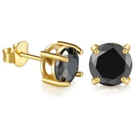 JIANGXIN Round Black Onyx 925 Sterling Silver Stud Earring 18K Gold Plated Men Women Unisex Jewelry 7mm