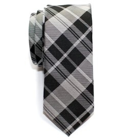 Retreez Modern Classic Plaid Check Styles Woven Microfiber Skinny Tie - Black and Grey