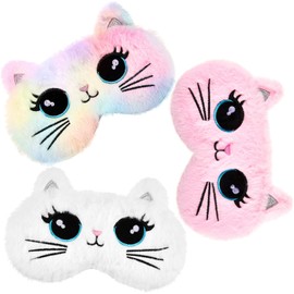 Geyoga Sleep Mask for Kids, Girls Plush Sleeping Eye Cover 3 Pieces Soft Eye Blindfold Sleep Cover Animal Shade for Kids(Colorful,Cat Style)