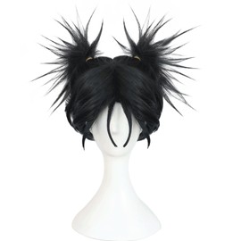IMEYLE Black Cosplay Wig (+3 Tattoo Sticker) Short Black 2 Ponytails Wigs for Adult Wig for Anime Cosplay Costume for Halloween Outfit Tattoo Wigs for Party+Hair Cap