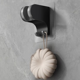 HEROBAI Hand Held Shower Head Holder Wall Mount, Shower Hose Holder Adhesive with 2 Hanger Hooks, Adjustable Shower Handle Holder, No Drilling Shower Wand Holder (Black, 1 Pack)