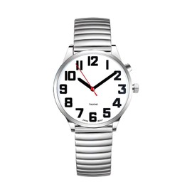 RUNCAR American English Talking Watch Speaks Clear and Loud Time, Date and Alarm time Stretch Band for Senior,Visually impaired or Blind People (Silver-A)