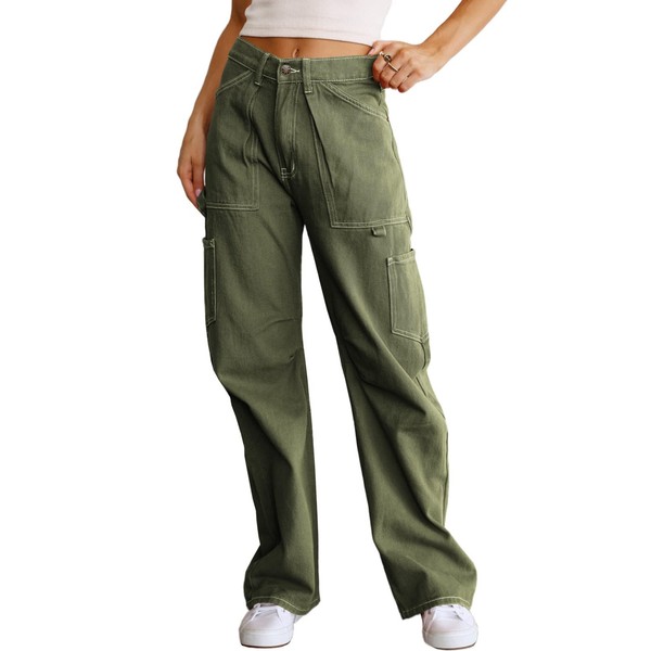 Dokotoo Cargo Pants Women High Waisted Baggy Wide Leg Womens Pants 6 Pockets Womens Fashion Y2K Clothing Casual Combat Military Trouser Green