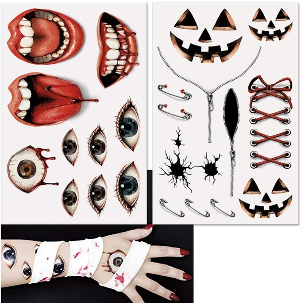 Cosplay Halloween Masquerade Tattoo Stickers, Set of 2, Scars, Horror, Zombie, Special Makeup, Costume