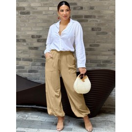 ZAFUL Womens Baggy Pants Cotton Linen Casual Summer Palazzo Pants Drawstring Waist Lounge Cinch Bottom with Pockets Khaki M