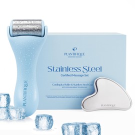 PLANTIFIQUE Rodillo de hielo facial y juego de Gua Sha de acero inoxidable - Herramientas de masaje para el cuidado de la piel con crioterapia