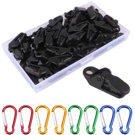 GTIWUNG Pack of 50 Tent Clips Set Tarpaulin Clips Small Clamp Tarpaulin Holder Clips Tarpaulin Clamps Windproof Awning Clips + 8 Pieces Mini Carabiner Hooks Small (4 Colours)