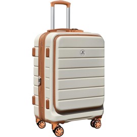 KEYTANG Classic 20 Lightweight Hardside Expandable Spinner Wheels Carry On Luggage, White-Brown