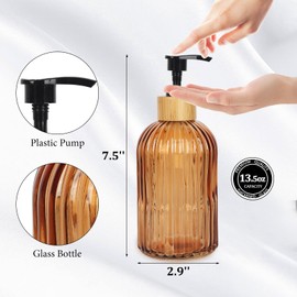 Ulable Amber Glass Soap Dispenser with Pump, 2 Pack 13.5oz Vertical Stripe Design Hand Soap Dispenser for Hand Wash, Dish Wash, Elegant Bathroom Soap Dispenser for Bathroom and Kitchen