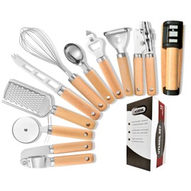 KLEENE 10-Piece Wooden Handle Kitchen Utensils Set, Stainless Steel Cooking Utensils Set, Ergonomic Design, Durable and Comfortable Grip With Knife Sharpener, Garlic Press, Can Opener, Pizza Cutter