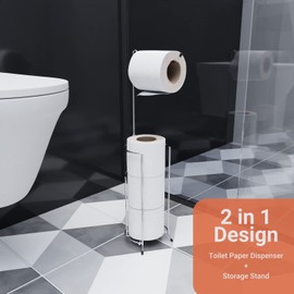 Absolute Living Free Standing Toilet Paper Holder with Storage - Holds 5 Rolls Total, 24.5" Tall - Space Saving Toilet Paper Stand Holder - Wobble Free Bathroom Tissue Holder - Chrome