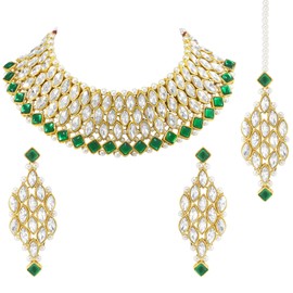 Aheli Ethnic Fashion Green Gold Plated Crystal Style Choker Necklace Earring & Maangtikka Jewelry Set Gift for Women