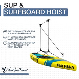 StoreYourBoard Standup Paddleboard and Surfboard Ceiling Storage Pulley System, Garage Mount Hoist, Heavy Duty Holds 150 lbs