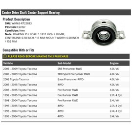 Marketplace Auto Parts, Center Drive Shaft Center Support Bearing - Compatible with 1995-2015 Toyota Tacoma