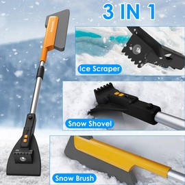 KOCASO Snow Shovel for Car Driveway, 3 in 1 Ice Scraper & Brush for Car, Car Snow Removal Tool with Lights & Brush Extendable, Windshield Ice Scraper for Cars, Home Snowmobiles and Mud, Black