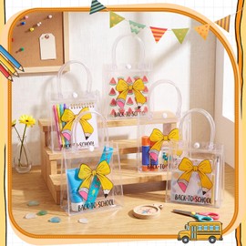 Gilprop 12 Pcs Back to School Clear Gift Bags with Handles, Cute Pencil Bow PVC Transparent Treat Tote Goodie Bags for First Day of School Gifts Party Favors, Rewards, 5.9"x6.3"x2.76"