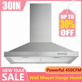 Tieasy 450CFM 30in Wall Mount Range Hood Vent Kitchen 3-Speed Cook Fan Stainless Steel