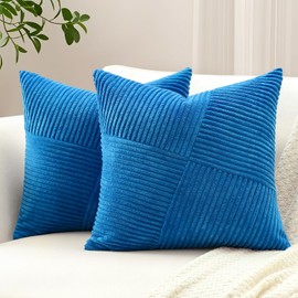 Sungeek Set of 2 Cord Cushion Covers, Windmill Striped Pattern, Corduroy Cushion Cover, Decorative Cushion, Sofa Cushion, Patchwork Design, Decorative Cushion Covers for Living Room (50 x 50 cm, Blue)