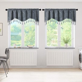 ELKCA Double-Sided Chenille Window Curtains Tier for Kitchen Grey Scalloped Valance for Living Room,Pack of 2(Grey,52" W x 18" L)