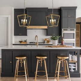 HONGREN Gold Pendant Light for Dining Room, Lantern Chandelier Light Fixture 4 Lights for Kitchen Island Adjustable Brass Geometric Hanging Light for Foyer Entryway