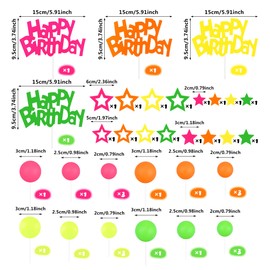 Juego de 40 decoraciones brillantes para tartas con estrella de bola y decoraciones de feliz cumpleaños, decoración de fiesta para pasteles de neón, suministros de fiesta de luz negra en 4 colores
