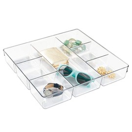 iDesign Linus Plastic Divided Drawer Organizer, Storage Container for Vanity, Bathroom, Kitchen Drawers, 13" x 13.5" x 2.25" - Clear
