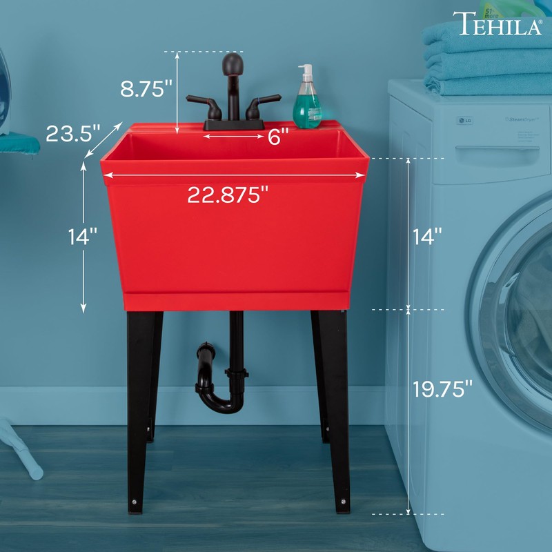 Red Utility Sink Laundry Tub with Black Pull-out Faucet for
