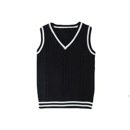ZUEVI School Vest, Girls' Uniform Vest, Student, V-Neck, Loose Knit, Cotton, Solid, black stripe
